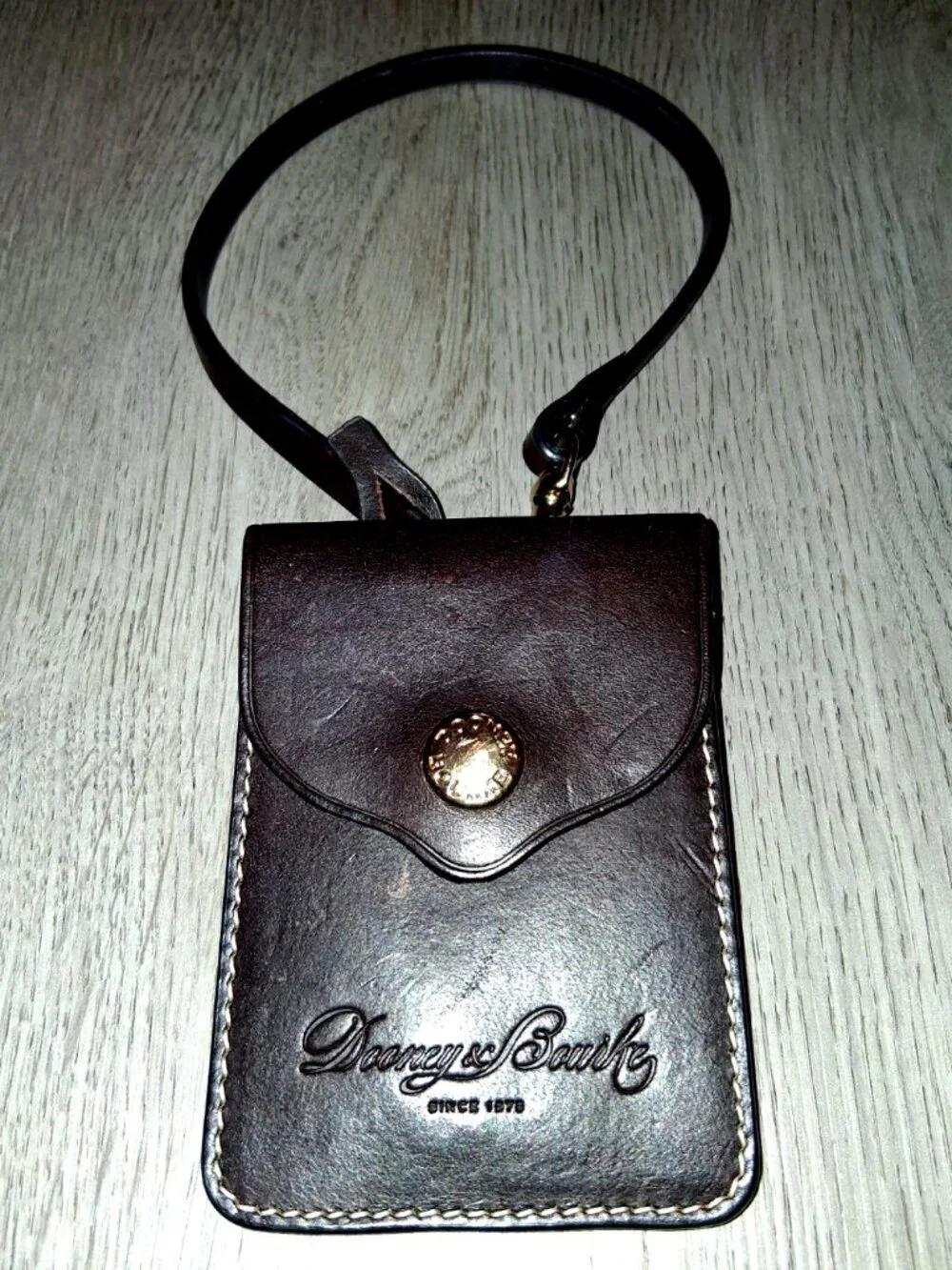 Dooney & Bourke Dark Brown Leather ? Card Holder Keychain Clip Luggage Tag